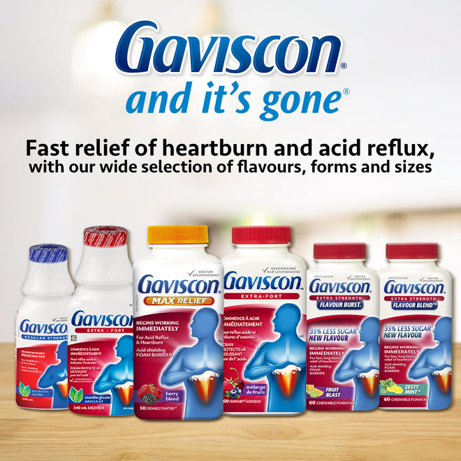 Gaviscon Extra Strength Tablets - 60 Count - Chewable Foaming Antacid Tablets for Day and Night Heartburn Relief, Acid Reflux and GERD Relief, Fruit Blend - Free of Aluminum, Lactose and Gluten 🍁 All In One Marketplace Canada