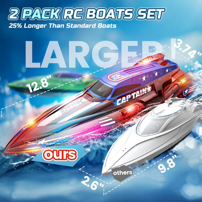 DEERC 2 Pack 13 inch Remote Control Boat for Kids, 4 Batteries, 2.4Ghz RC Racing Boat with LED Lights for Pools and Lakes, Water Summer Toy Gift 🍁 All In One Marketplace Canada