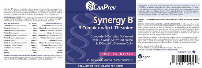 CanPrev Synergy B Complex 60 V-Caps 30-Day Supply - Vitamin B Supplement with L-Theanine 200mg - Complete B Complex Optimized with L-5-MTHF Activated Folate & Spirulina - Vegan, Non-GMO & Gluten-Free 🍁 All In One Marketplace Canada