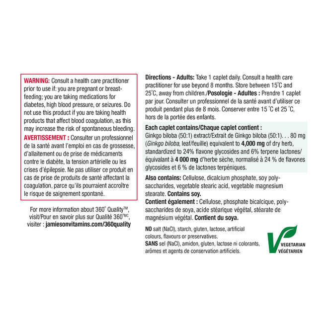 Jamieson Ginko Biloba 4,000 mg, Helps Enhance Cognitive Function, Improve Memory, and Supports Peripheral Circulation. Vegetarian, Gluten-Free, 90 Count 🍁 All In One Marketplace Canada
