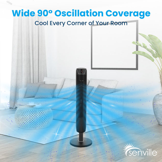 Senville 42" Oscillating Tower Fan for Bedroom, Remote, Bladeless, Quiet, 3 Modes, 7-Hour Timer, LED Display, Black 🍁 All In One Marketplace Canada