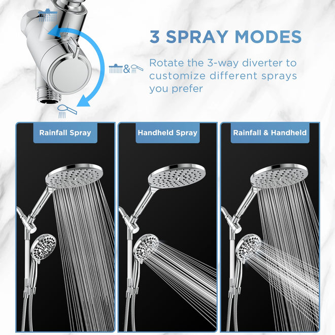 MakeFit Rain Shower Heads System, 3-Spray Dual Shower Head with Solid Brass Adjustable Bar, Rainfall Showerhead with 10 Settings High Pressure Handheld Spray, Buit-in Power Wash Mode (Chrome) 🍁 All In One Marketplace Canada