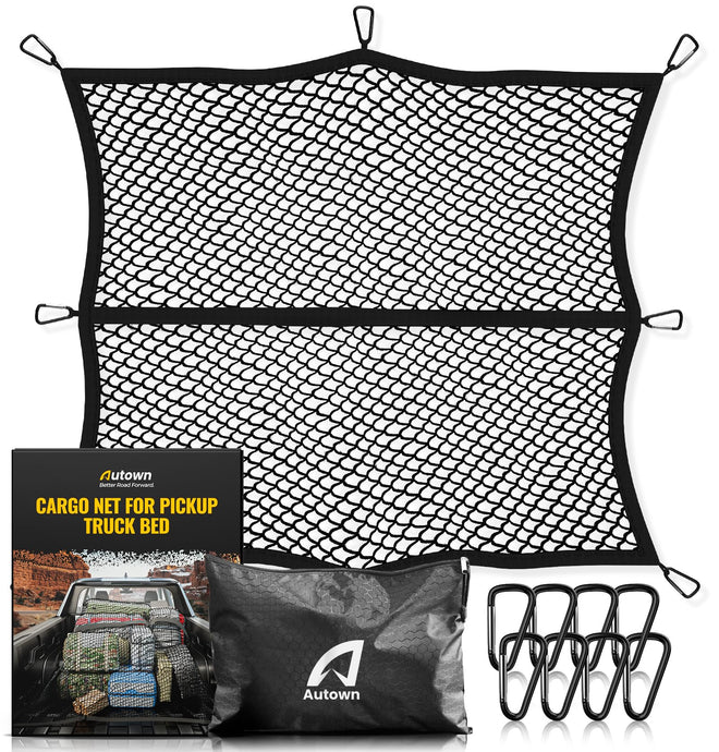 AUTOWN Cargo Net for Pickup Truck Bed - Stretchable 4'x4' to 7'x7', High Elastic Fine Mesh 1''x1'' with 8 Metal Carabiners - Ideal for ATV, SUV, UTV, Truck and Boat Use (Single Layer) 🍁 All In One Marketplace Canada