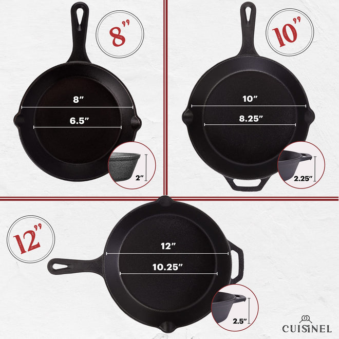 Cast Iron Skillet Set - 8" + 10" + 12"-Inch Pre-Seasoned Frying Pans + Silicone Handle Grip Covers - Indoor/Outdoor, Oven, Grill, Stovetop, BBQ, Fire and Induction Safe Kitchen and Camping Cookware 🍁 All In One Marketplace Canada