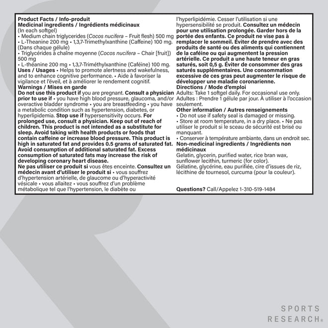Sports Research® 2-in-1 L-Theanine Supplement with Caffeine & MCT Oil from Organic Coconuts - Focused Energy, Alertness & Relaxation Without Drowsiness - 200mg L Theanine, 100mg Caffeine - 60 Softgels 🍁 All In One Marketplace Canada