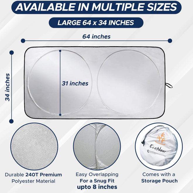 EcoNour Car Windshield Sun Shade with Storage Pouch | Durable 240T Material Car Sun Visor for UV Rays, Sun Heat Protection | Car Interior Accessories for Sun Heat | Medium Plus (64 inches x 34 inches) 🍁 All In One Marketplace Canada
