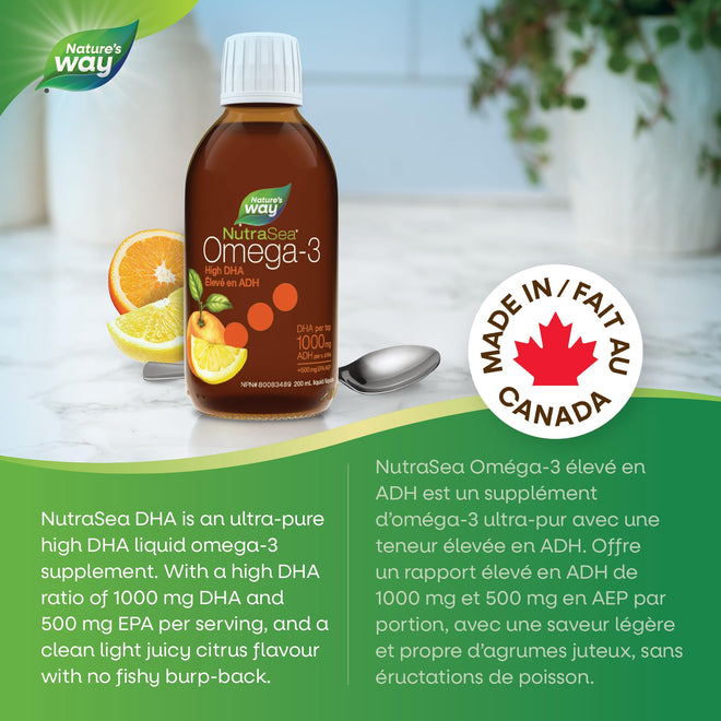 Nature's Way NutraSea High DHA Omega 3 Fish Oil Liquid Supplement for Adults and Kids Ages 14+ – Juicy Citrus Flavour, Non-GMO – Brain & Cognitive Support – 1500mg EPA & DHA, 200 mL 🍁 All In One Marketplace Canada