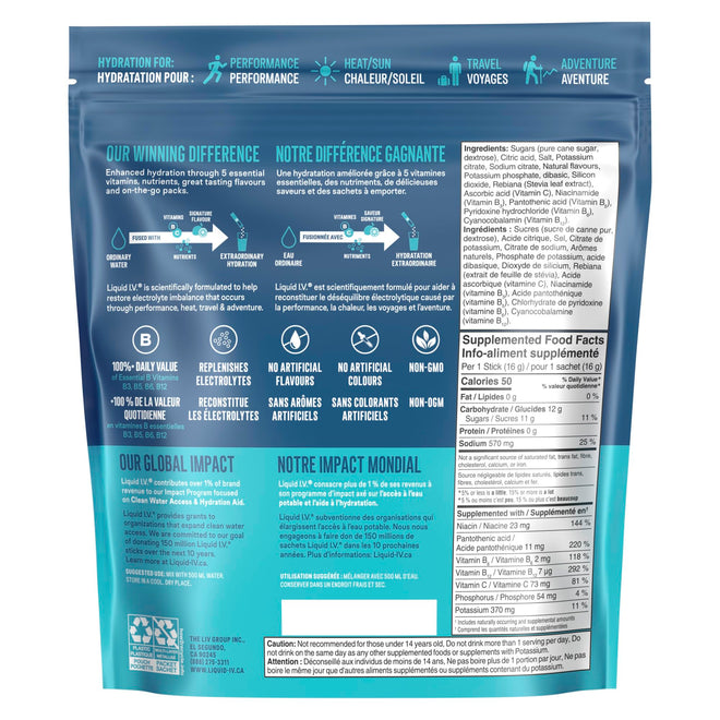 Liquid I.V. Hydration Multiplier Electrolyte Drink Mix - Enhanced Hydration Electrolyte Powder with Vitamins B3, B5, B6, B12 and C -18x On-the-go Sticks for Workout and Travel - Lemon Lime 🍁 All In One Marketplace Canada