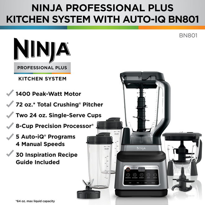 Ninja BN801C, Professional Plus Kitchen System With Auto-iQ, 72oz Pitcher, Black/Silver, 1400W (Canadian Version) 🍁 All In One Marketplace Canada