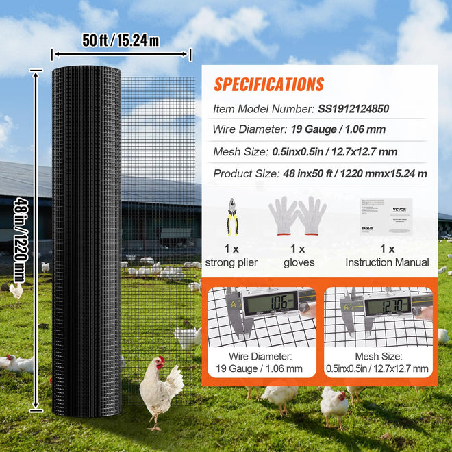 VEVOR Hardware Cloth, 48'' x 50' Galvanized Wire Mesh Roll, 19 Gauge Chicken Wire Fence Roll, Vinyl Coating Metal Wire Mesh for Chicken Coop Barrier, Rabbit Snake Fences, Poultry Enclosures 🍁 All In One Marketplace Canada