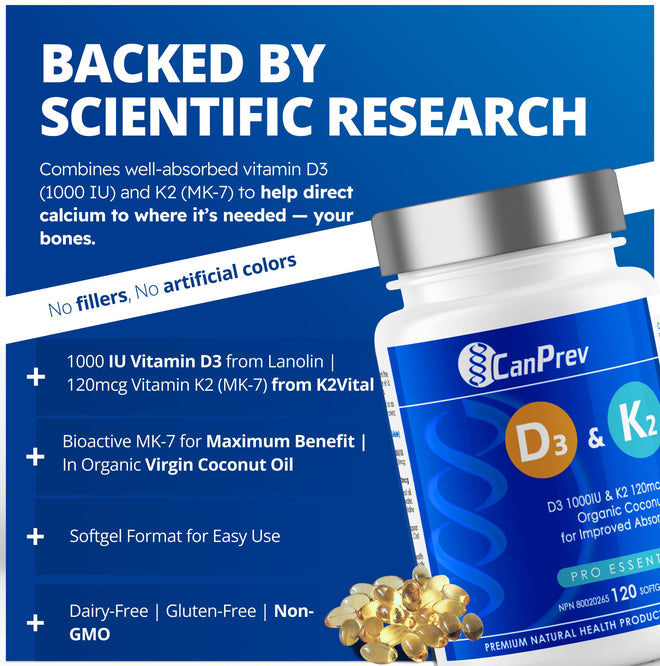 CanPrev D3 & K2 Vitamins 120 Softgels, 120-Day Supply, 1000IU Vitamin D3 & 120mcg K2, Supports Strong Bones, Teeth & Heart Wellness, Easy-to-Absorb with Organic Coconut Oil, No GMO, Gluten, Soy, Dairy 🍁 All In One Marketplace Canada