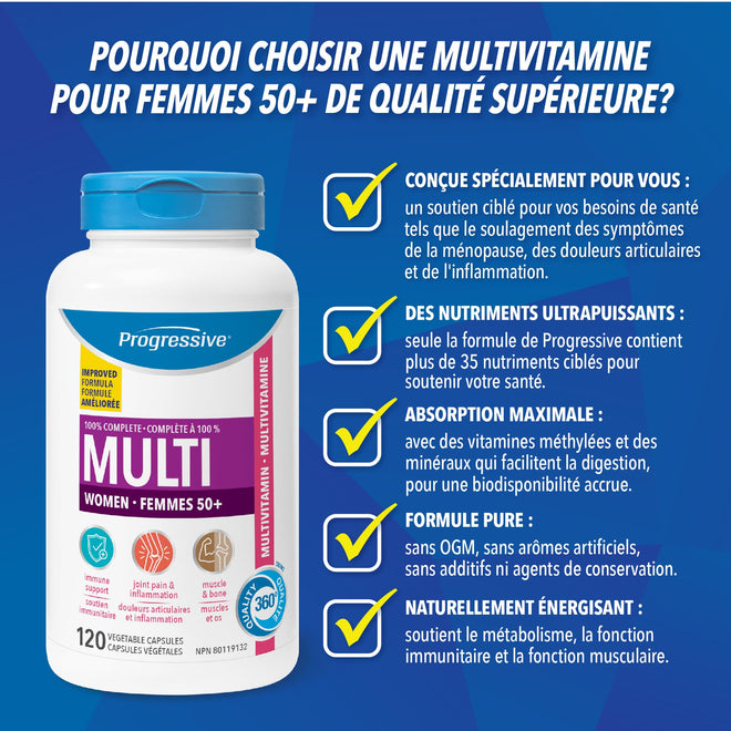 Progressive Advanced Multivitamin for Women 50+, with Black Cohosh, Chastetree, Maca, Turmeric, and CoQ10. Supports Menopause, Immunity, Heart Health, Joint Health, and Inflammation, 100% Complete, Canadian-Made, 120 Count 🍁 All In One Marketplace Canada