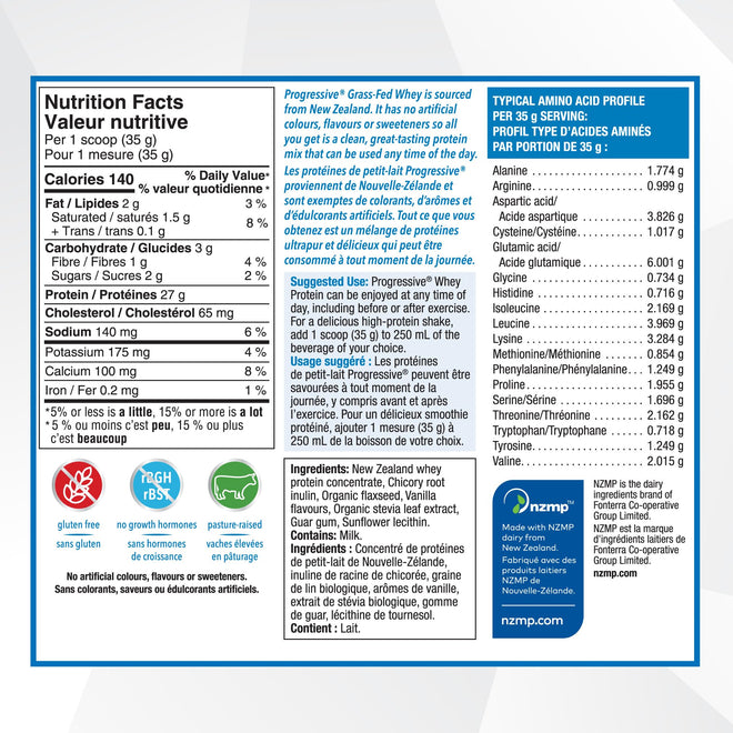 Progressive Grass-Fed 100% Whey Protein Powder Vanilla, 27g of New Zealand Whey Concentrate per Scoop for Muscle Gain, Pasture-Raised, Non-GMO, Canadian-Made Antibiotic-free, Hormone-free, 850 g 🍁 All In One Marketplace Canada