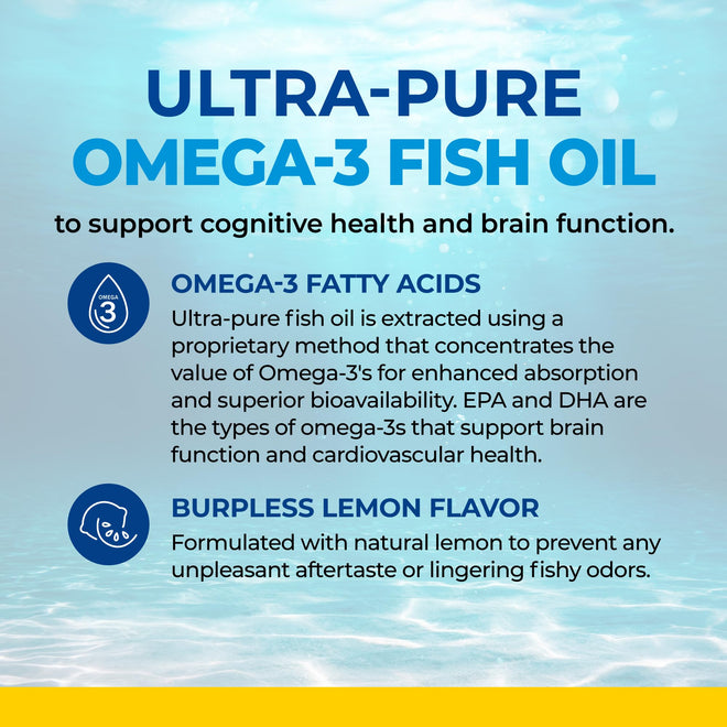 Fish Oil Omega 3 EPA & DHA 2250 mg | Burpless Lemon Flavor Triple Strength Supplement with Fatty Acids from Wild Icelandic Fish | Supports Joint, Eyes, Brain & Skin Health | Non GMO | 90 Softgels 🍁 All In One Marketplace Canada