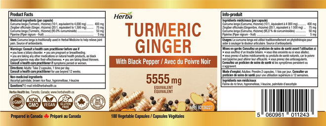 Herba Turmeric Supplements for Inflammation with Black Pepper and Ginger - 180 Capsules | 5,555mg Equiv. with 95% Turmeric Curcumin Supplements with Black Pepper | Joint Pain Relief | Made in Canada 🍁 All In One Marketplace Canada
