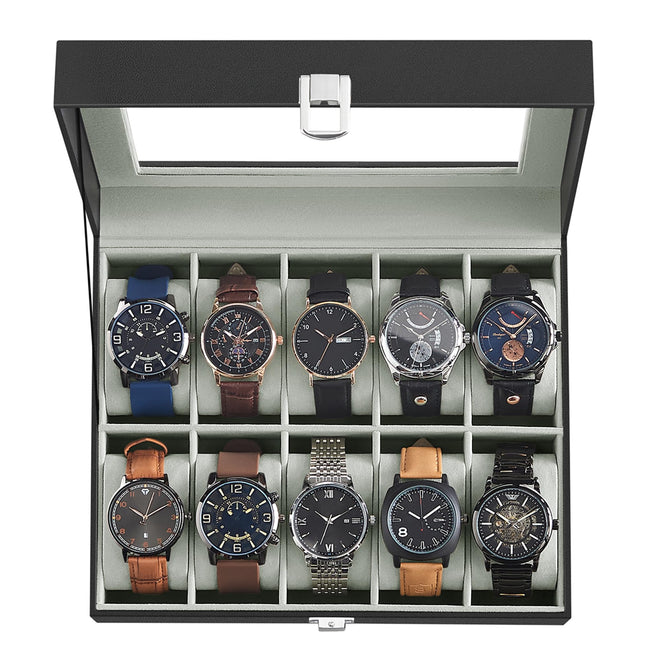 SONGMICS Watch Box, 10-Slot Watch Case Organizer with Large Glass Lid, Removable Pillows, Gift for Loved Ones, Black Synthetic Leather, Gray Lining UJWB010BK 🍁 All In One Marketplace Canada