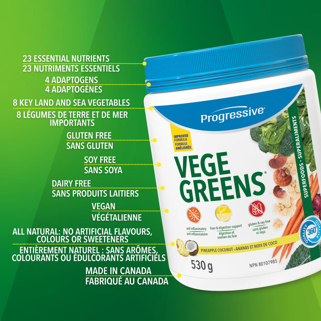 Progressive VegeGreens Pineapple Coconut, Vegan Canadian-Made Superfoods + Daily Greens with 23 Whole Foods, Adaptogens, Anti-Inflammatory, Antioxidants & Digestive Support for Energy and Immunity, 530 g 🍁 All In One Marketplace Canada