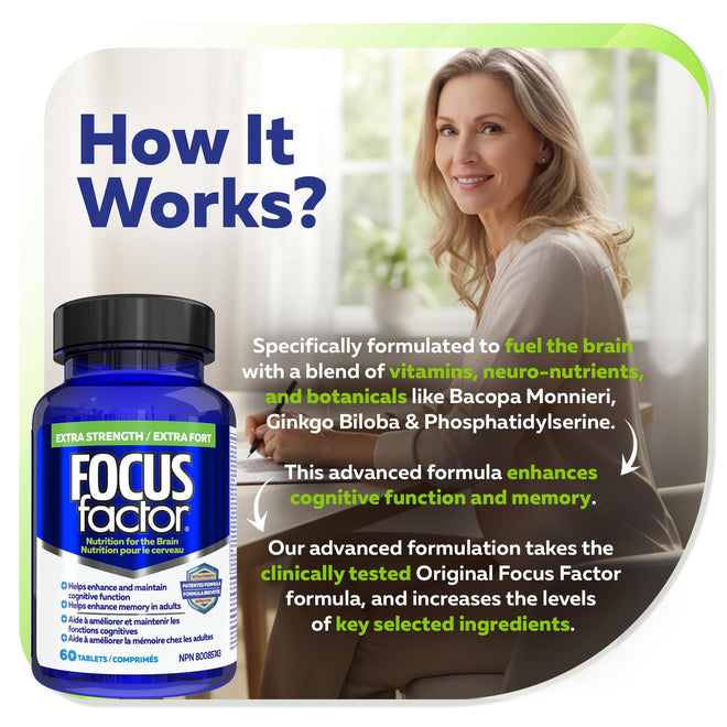 Focus Factor Extra Strength, 60ct - Multivitamin Supplement with Vitamin B6, B12, D3, Zinc, Phosphatidylserine, Bacopa Monnieri, Ginkgo Biloba & DMAE to enhance memory & cognitive function in adults 🍁 All In One Marketplace Canada
