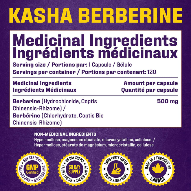 Maximum Strength Berberine Supplement 1000 mg Per Serving (500mg Per Capsule). Supports Healthy Glucose (Blood Sugar) and Lipid (Fats) Metabolism. Non-GMO, Vegan, Gluten-free. Bulk 120 Capsules. Proudly Canadian. Easy to Swallow. Kasha Nutrition