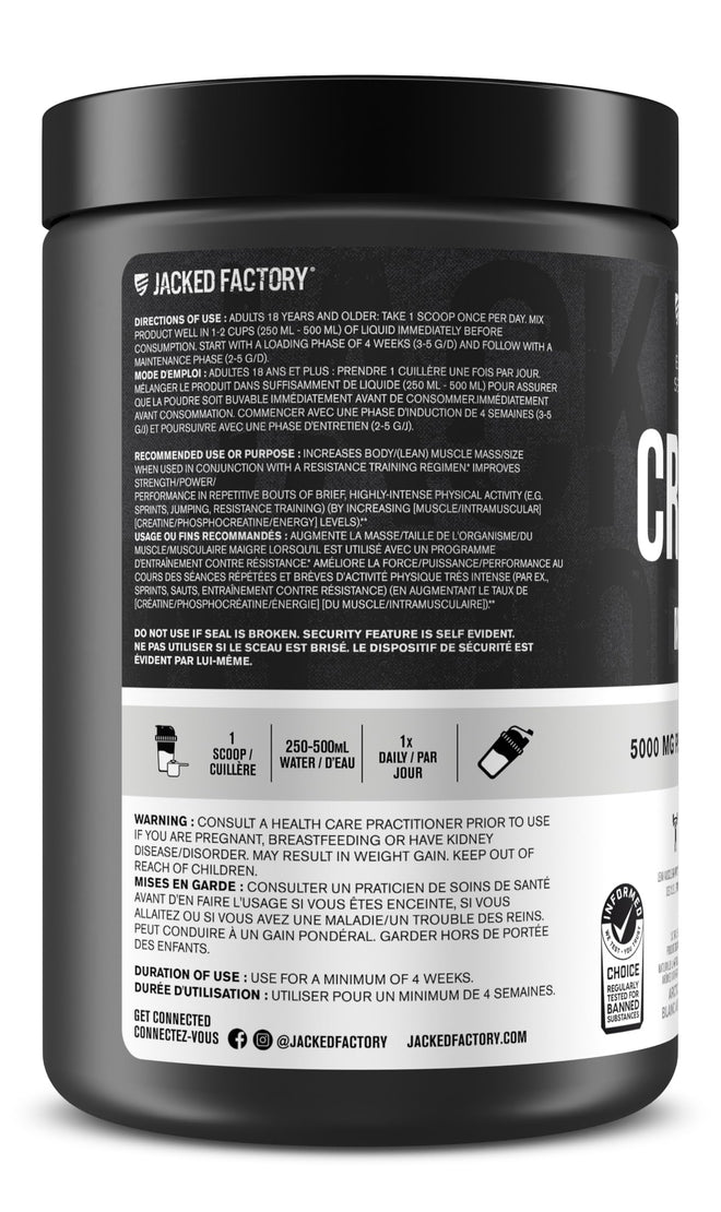 Jacked Factory Creatine Monohydrate Powder - Canadian-Owned Informed Choice Certified Supplement for Increased Muscle Mass*, Improved Strength, Power, & Performance** - 85 Servings, Arctic White 🍁 All In One Marketplace Canada