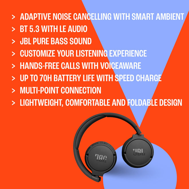 JBL Tune 670NC - Adaptive Noise Cancelling with Smart Ambient Wireless On-Ear Headphones, Up to 70H Battery Life with Speed Charge, Lightweight, Comfortable and Foldable Design (Black) 🍁 All In One Marketplace Canada