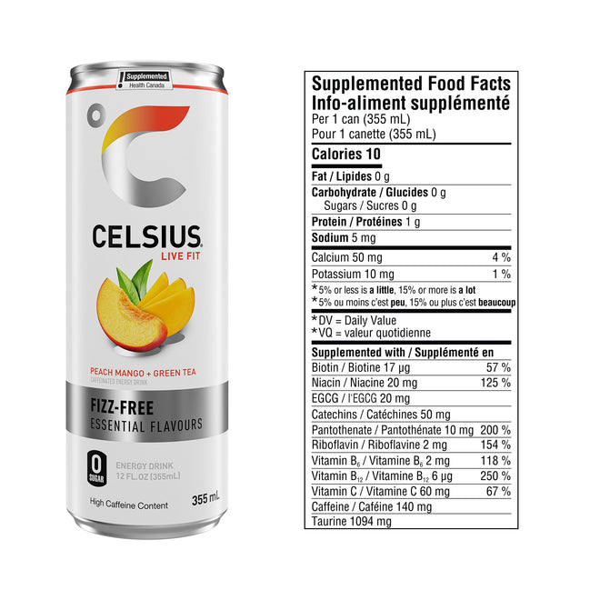 CELSIUS Fizz Free Peach Mango, Zero Sugar Energy Drink, 335ml Cans (Pack of 12) 🍁 All In One Marketplace Canada