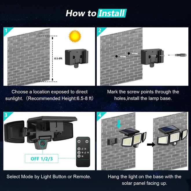 Solar Motion Sensor Outdoor Lights - 2500LM Bright LED Security Flood Light - Adjustable 3 Head Night Lighting Solar Powered IP65 Waterproof with Remote for Outside Garage Yard 🍁 All In One Marketplace Canada