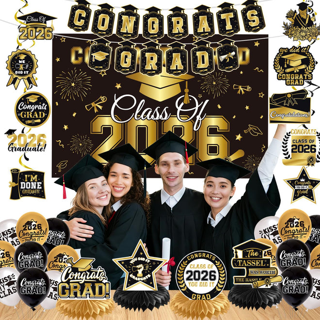 Graduation Decorations 2026 Black Gold 35PCS, Pre-Strung Congrats Grad Banner, Class of 2026 Backdrop, Balloons, Hanging Swirls, Graduation Party Decorations,PRE-ASSEMBLED 🍁 All In One Marketplace Canada