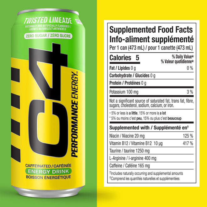 Cellucor C4 Performance Energy Drink, Twisted Limeade, Carbonated Sugar Free Drink with no Artificial Colours or Dyes, 473mL, 12 count 🍁 All In One Marketplace Canada