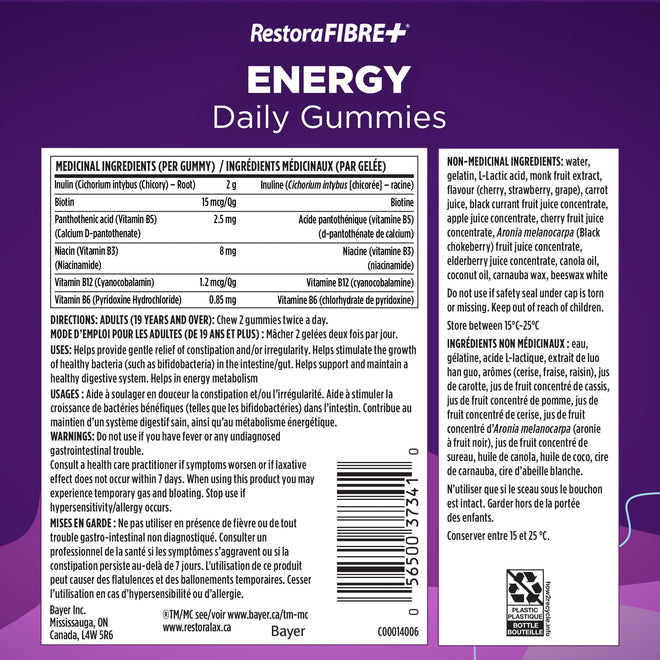 RestoraFIBRE+ Energy Daily Prebiotic Fibre Supplement Gummies for Adults, Promotes Regularity and A Healthy Digestive System and Supports Energy Metabolism, Packed with B Vitamins, 115 Count 🍁 All In One Marketplace Canada