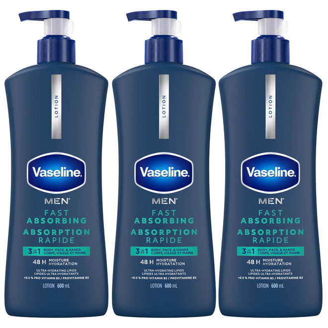 Vaseline Men 3 in 1 Body, Face & Hands Lotion 48 H Dry skin moisturizer, Fast Absorbing with Ultra hydrating lipids, 600 ml (3-pack) 🍁 All In One Marketplace Canada
