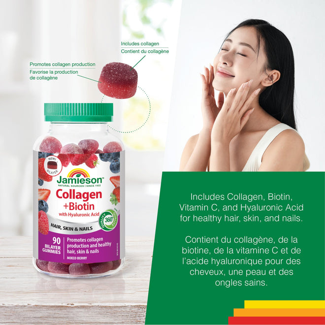 Jamieson Collagen and Biotin Bilayer Gummy with Hyaluronic Acid and Vitamin C, Mixed Berry Flavour, Healthy Hair, Skin & Nails, Supports Collagen Production, Source of Antioxidants, Beauty Gummy, NON-GMO, No Gluten, No Lactose, No Artificial Colours, Flav
