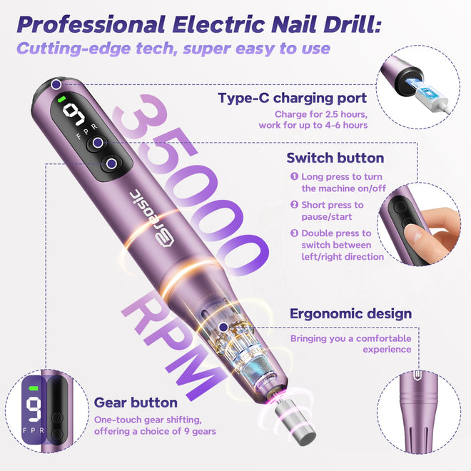 Breosic Electric Nail Drill 35000RPM,12-in-1 Nail File Portable USB-Rechargeable Cordless Nail Drill Professional with 9-Speed & LED Display Manicure Pedicure Nail Kits for Acrylic & Gel Nails(Purple) 🍁 All In One Marketplace Canada