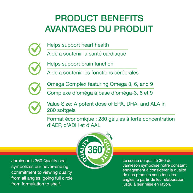 Jamieson Omega 3-6-9 Softgels, Value Size, with Fish Oil, Borage Oil, Flaxseed Oil, Providing EPA, DHA, and ALA. Supports Heart and Brain Health, 280 Count, Proudly Canadian 🍁 All In One Marketplace Canada