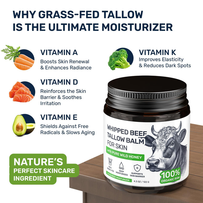 Beef Tallow Face Cream – Grass Fed Whipped Tallow and Honey Balm for Skin, Body Moisturizer with Beeswax and Wild Honey, 3-Ingredient Fragrance Free Non Comedogenic Skincare for Dry Sensitive Skin 🍁 All In One Marketplace Canada
