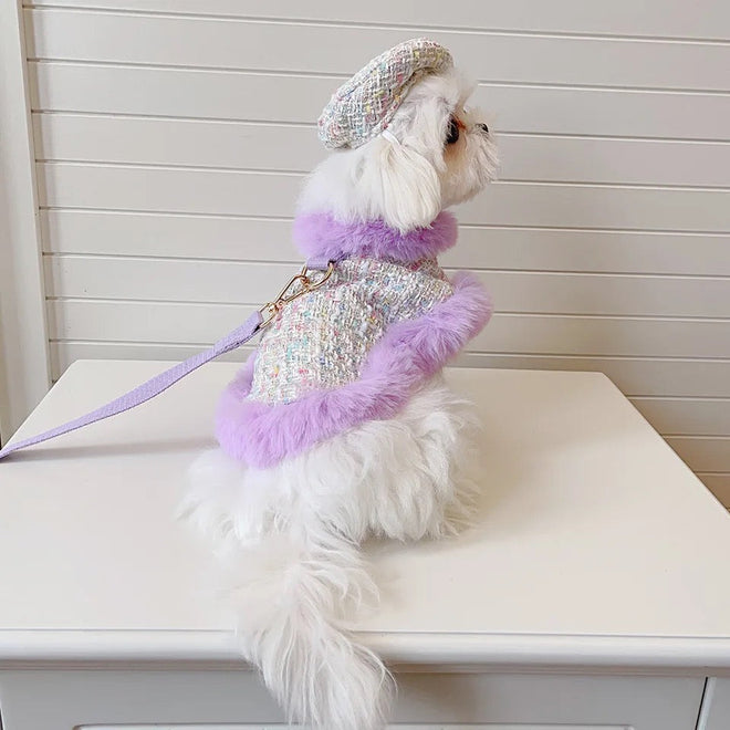 Lilac Harness and Leash Set | Plaid Dog Harness Hat Set