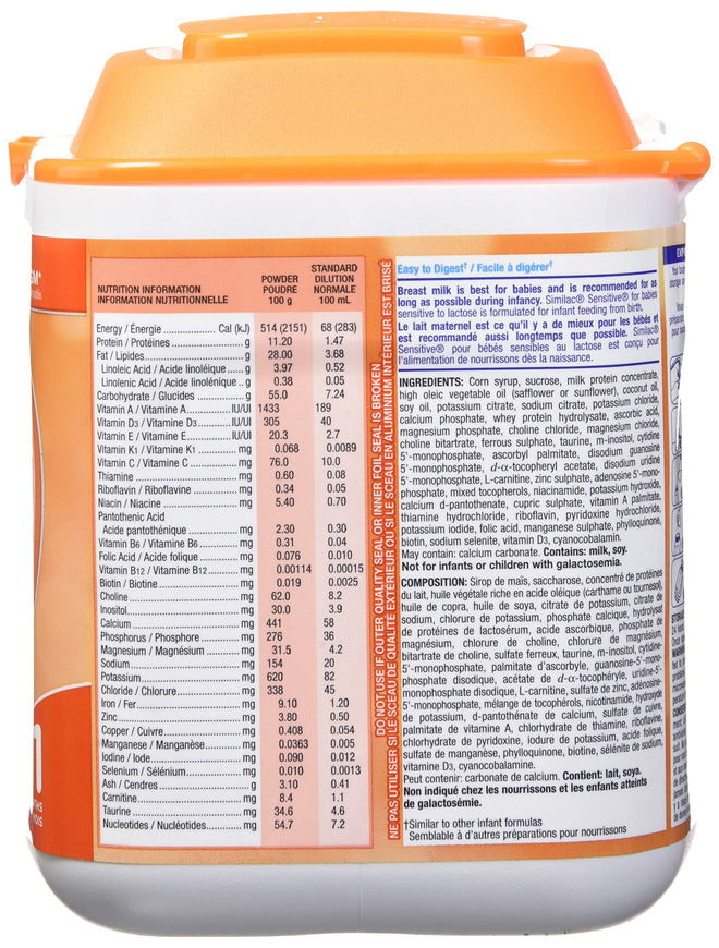 Similac Sensitive Lactose Sensitivity Non-gmo Baby Formula Powder, 0+ Months, Orange, 638g 🍁 All In One Marketplace Canada