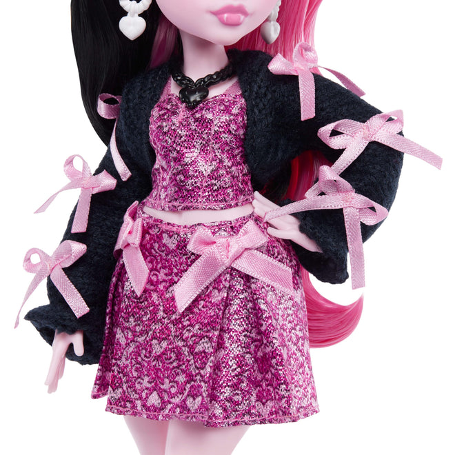 Monster High Doll, Draculaura in Pink Bow Dress and Black Cardigan with Pet Bat Count Fabulous and 7 Accessories Like Ramen, Lipstick and Purse 🍁 All In One Marketplace Canada