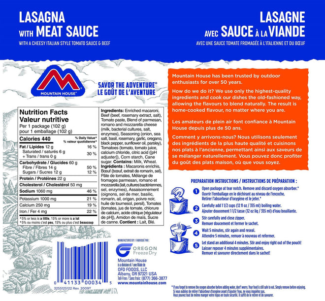 Mountain House Lasagna with Meat Sauce Pouch| Freeze Dried Backpacking & Camping Food | Survival & Emergency Food | Entree Meal | Easy to Prepare | Delicious and Nutritious | Single Pouch 🍁 All In One Marketplace Canada