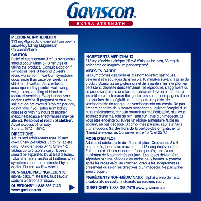 Gaviscon Extra Strength Tablets - 60 Count - Chewable Foaming Antacid Tablets for Day and Night Heartburn Relief, Acid Reflux and GERD Relief, Fruit Blend - Free of Aluminum, Lactose and Gluten 🍁 All In One Marketplace Canada