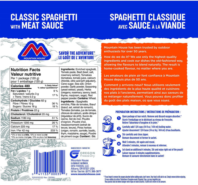 Mountain House Spaghetti with Meat Sauce Pouch| Freeze Dried Backpacking & Camping Food | Survival & Emergency Food | Entree Meal | Easy to Prepare | Delicious and Nutritious | Single Pouch 🍁 All In One Marketplace Canada