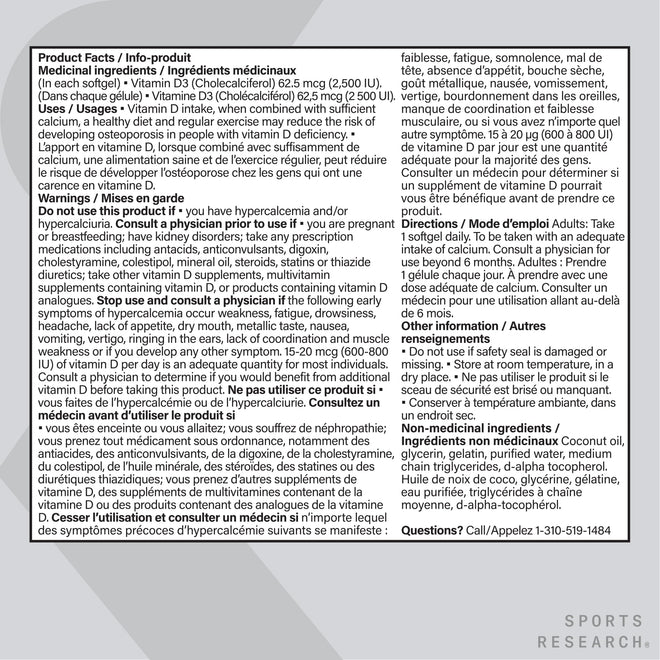 Sports Research® Vitamin D3 2500 IU with Coconut MCT Oil - High Potency Vitamin D Supplement for Immune & Bone Support - Non-GMO Verified, Gluten & Soy Free – 62.5mcg, 360 Liquid Softgels 🍁 All In One Marketplace Canada