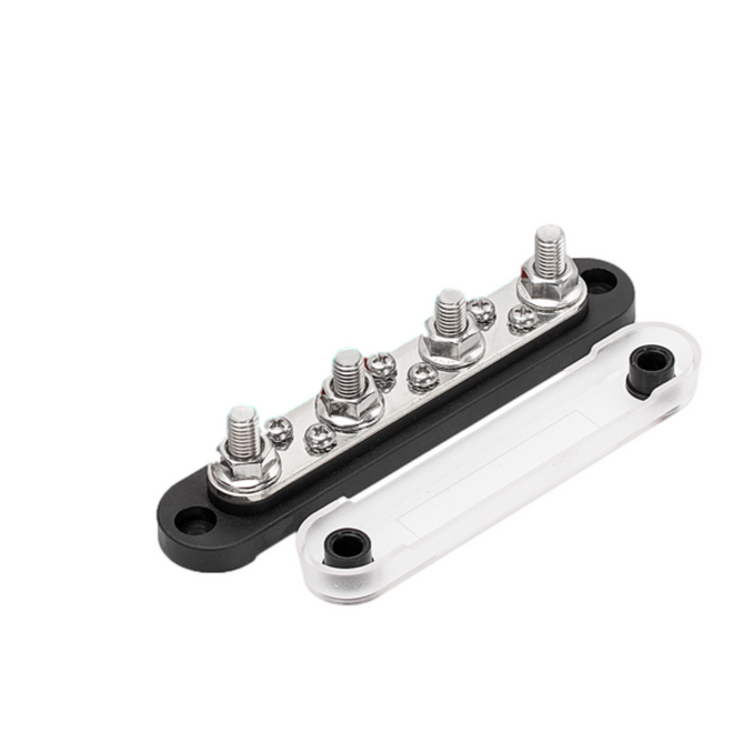 Bus Bar -4X  5/16”Post(M8), 6X #8 Screw, black color with Cover.