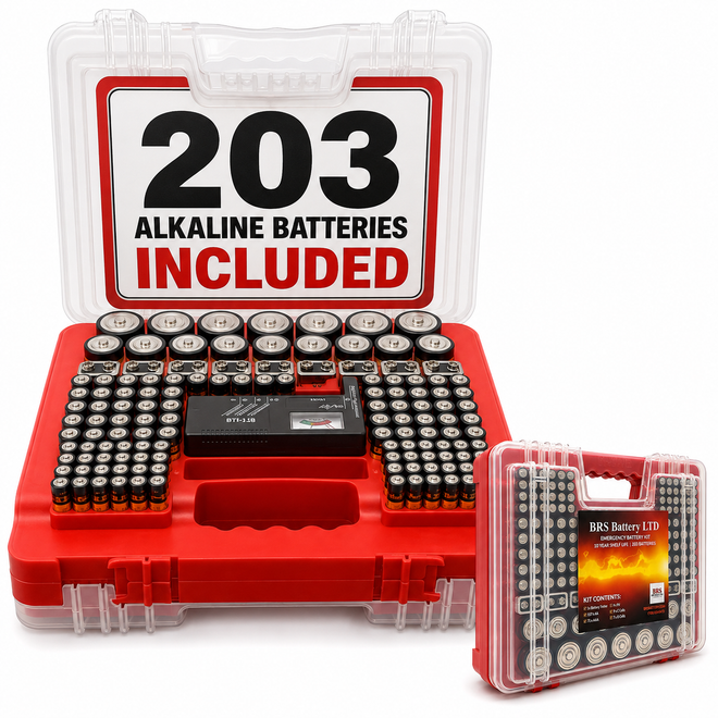 BRS Emergency Battery Kit: 203 Alkaline Batteries + Tester