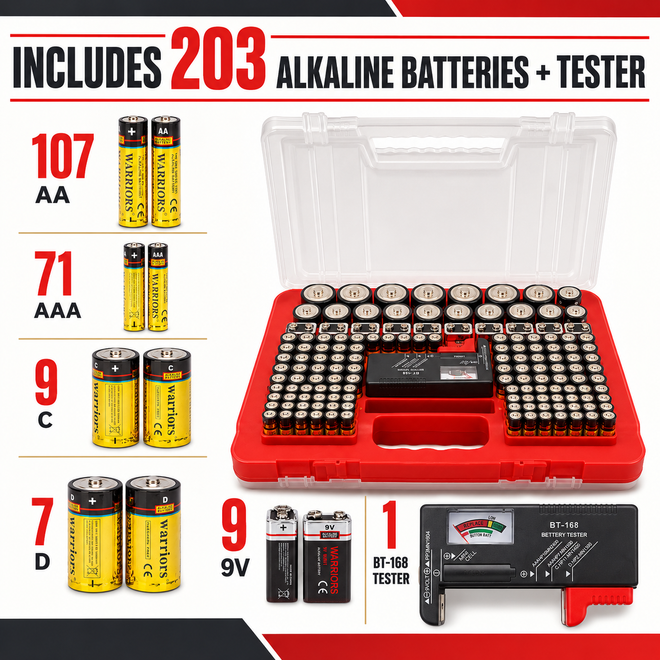 BRS Emergency Battery Kit: 203 Alkaline Batteries + Tester