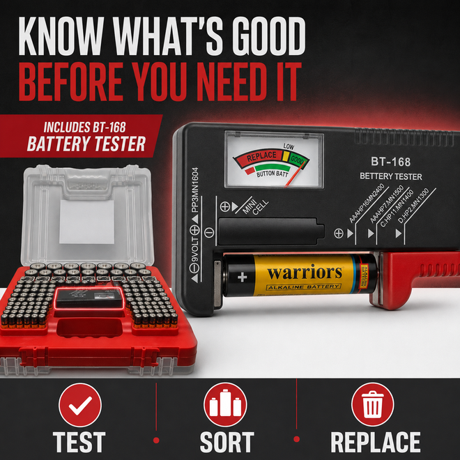 BRS Emergency Battery Kit: 203 Alkaline Batteries + Tester