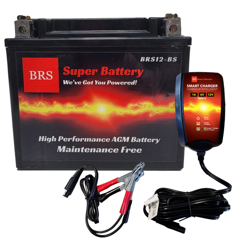 High Performance BRS12-BS 2 Year Battery & Smart Charger / Maintainer Combo Bundle Kit 12v Sealed AGM PowerSports Battery