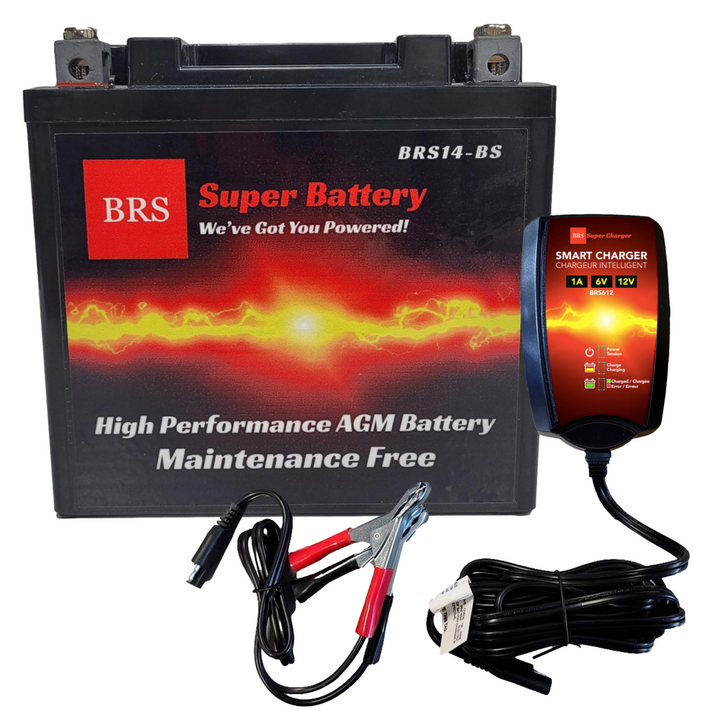 High Performance BRS14-BS 10 Year Warranty & Smart Charger / Maintainer Combo Bundle Kit 12v Sealed AGM PowerSports Battery