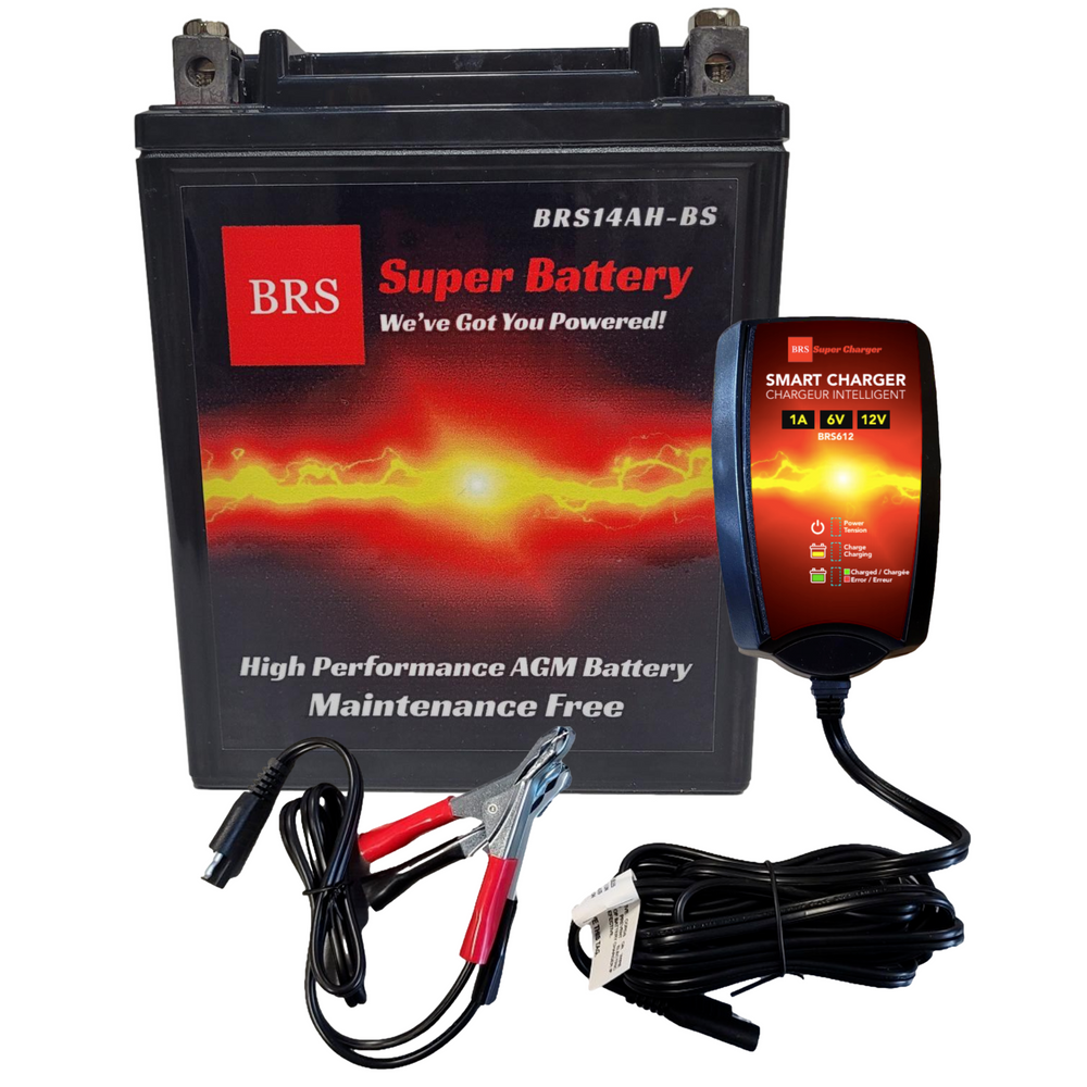 High Performance BRS14AH-BS 2 Year Battery & Smart Charger / Maintainer Combo Bundle Kit 12v Sealed AGM PowerSports Battery