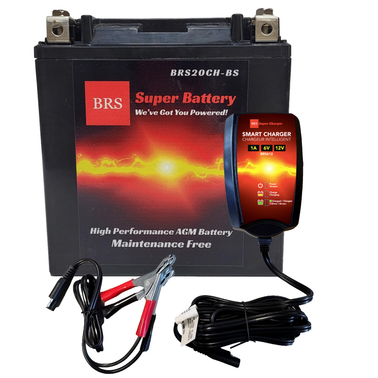 High Performance BRS20CH-BS 2 Year Battery & Smart Charger / Maintainer Combo Bundle Kit 12v Sealed AGM PowerSports Battery